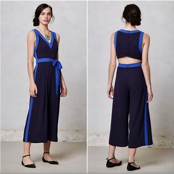Anthropologie Elevenses Beca Blue Colorblock Cut Out Back Jumpsuit • Size 0 🗣 - Picture 1 of 3